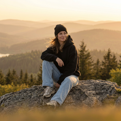 Damen-Titelbild: junge Frau im schwarzen Hoodie lässig auf einem Felsen vor Erzgebirge-Bergen